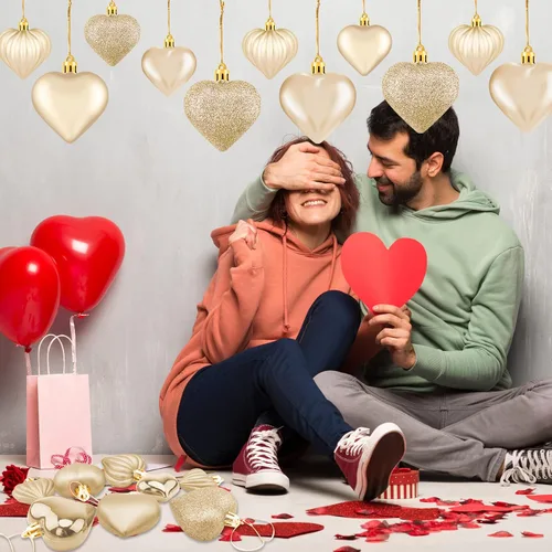 Miniatura 6 de Duufin 45 adornos dorados de corazón para el día de San Valentín, adornos colgantes para San Valentín, árbol de Navidad