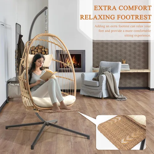 Miniatura 2 de Silla colgante de huevo con soporte y reposapiés para interiores y exteriores, sillas de huevo de patio, silla hamaca de mimbre, marco de acero