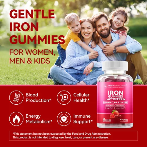 Miniatura 2 de Gomitas de suplemento de hierro con lactoferrina, vitamina C, B6, B12 y zinc, suaves, veganas, sin azúcar, apoya la sangre saludable, la salud