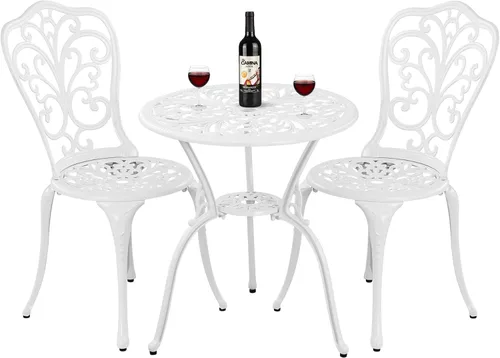 Bistro - Juego de 3 piezas de aluminio fundido para exteriores con agujero para paraguas, juego de mesa y sillas de bistró para todo tipo de clima,