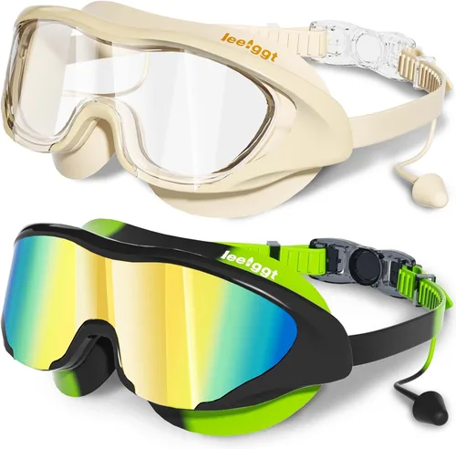 Miniatura 9 de Gafas de natación anti niebla UV para niños de 6 a 14 años, paquete de 2 gafas de natación para niños con tapones para los oídos adjuntos Dorado-azul