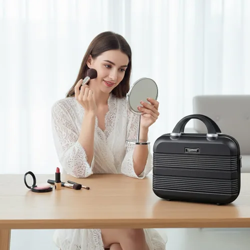 Miniatura 7 de Estuche de viaje portátil de maquillaje rígido de 14 pulgadas, elegante organizador de cosméticos de PC + ABS para mujer, resistente a los arañazos