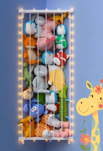 Miniatura 11 de Red de almacenamiento de animales de peluche de esquina – Soporte para animales de peluche con luces – Organizador de felpa colgante hamaca de Azul