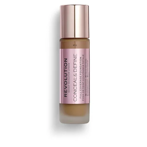 Makeup Revolution - Base para ocultar y definir, cobertura completa y acabado mate, F14 para tonos de piel oscuros, vegano y libre de crueldad, 0.7
