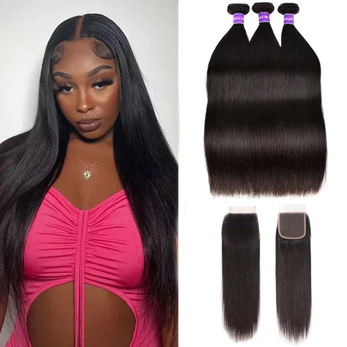 Miniatura 7 de 3 manojos de cabello humano brasileño lacio ondulado grado 10A, cabello virgen Remy sin procesar, 24, 26, 28 pulgadas, paquetes de cabello lacio
