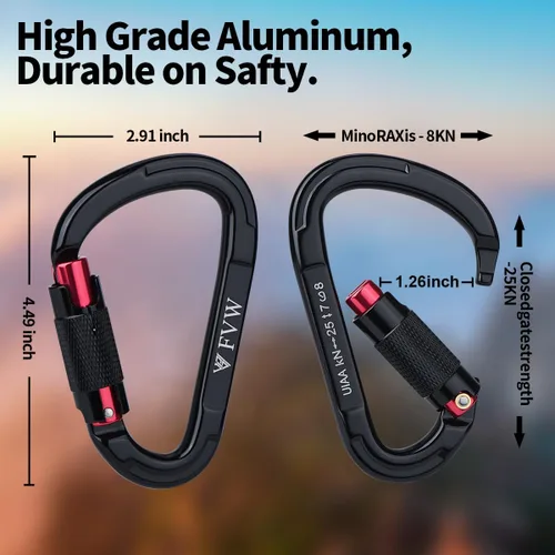 Miniatura 2 de FVW Mosquetones de bloqueo automático para escalada en roca, mosquetones profesionales de 25KN (5620 lbs) resistentes para rapel, columpio, rescate