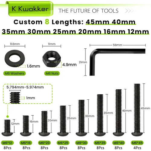 Miniatura 3 de 181 tornillos M6 surtidos de 8 longitudes de 0.472 in a 1.772 in, kit de tornillos y tuercas de cabeza de botón hexagonal, tornillos y tuercas