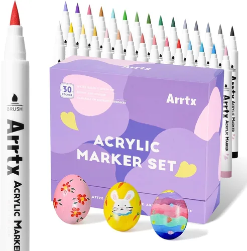 Arrtx Bolígrafos de Pintura Acrílica de 30 Colores para Pintura de Rocas, Punta de Pincel Extra, Marcadores de Pintura a Base de Agua para Piedra,
