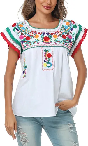 Miniatura 4 de YZXDORWJ Blusa tradicional colorida con encaje bordado mexicano para mujer, camiseta tricolor para el día de la independencia mexicana
