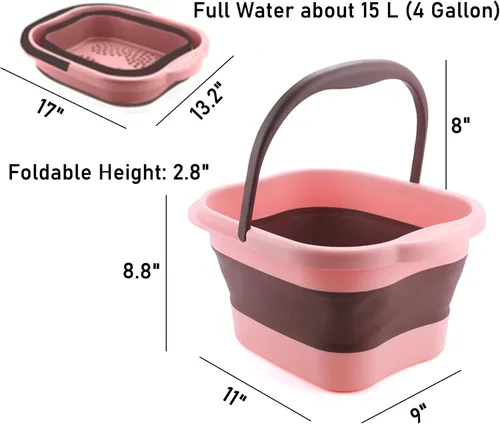 Miniatura 2 de Tina de baño plegable para pies y spa para niñas y mujeres, cubeta inflable para remojar pies con asa y punto de acupuntura para masaje de pies, rosa
