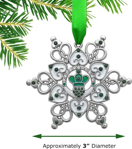 Miniatura 2 de Adorno de Navidad irlandés – Claddagh – Copo de nieve irlandés – Filigrana de metal y joyas – Bolsa de almacenamiento de regalo incluida mide 3 x 3