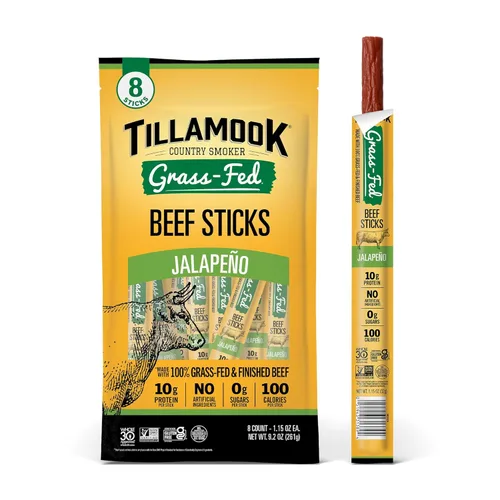 Tillamook Country Smoker Palitos de Carne de Res 100% Alimentada con Pasto, Cero Azúcar, Jalapeño, 1.15 Onzas (Paquete de 8) Whole 30, Sin OMG,