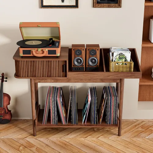 Miniatura 5 de Soporte para tocadiscos moderno de mediados de siglo, almacenamiento de discos de vinilo con puertas corredizas acanaladas, mesa grande