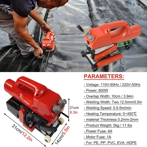 Miniatura 3 de Máquina de soldadura de geomembrana 800W, 0~842.0 °F/32~842℉ Kit de herramientas de soldadura de cuña caliente, máquina de soldadura de sellado