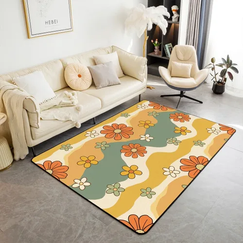 Miniatura 18 de Erosebridal Alfombra de área con tema Groovy de los 70 para sala de estar y dormitorio, alfombra retro con símbolo de paz antideslizante, alfombra