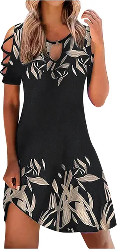 Vestido de verano con hombros descubiertos para mujer, manga corta, recortado, minivestido camisero, floral, holgado, vestido corto casual