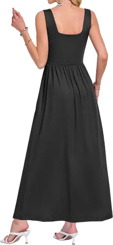 Miniatura 3 de AUSELILY Vestido largo con cuello cuadrado para mujer, sin mangas, floral, holgado, con bolsillos