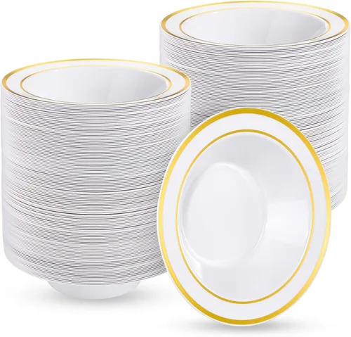 Miniatura 16 de Goodluck Paquete de 50 cuencos de plástico con borde rojo, cuencos de sopa desechables de 12 onzas, cuencos de postre resistentes para bodas