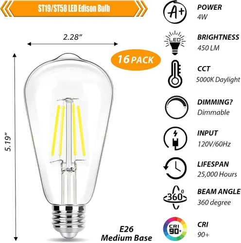 Miniatura 2 de Paquete de 16 Bombillas LED Edison Equivalente a 40W, Bombilla de Filamento LED Regulable de 4W, Bombilla de Luz ST19 5000K Luz de Día, 450LM E26