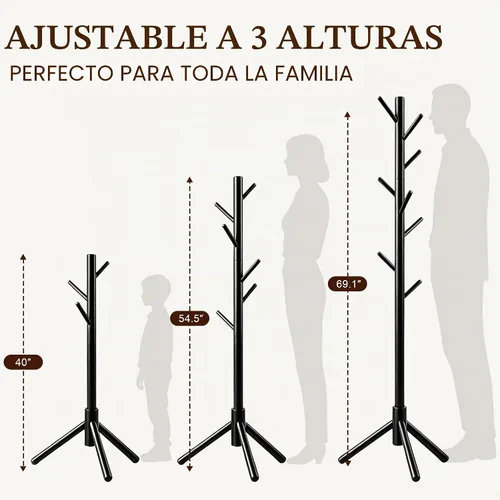 Miniatura 4 de Perchero de madera maciza independiente, árbol de pino de Nueva Zelanda con 8 ganchos y 3 tamaños ajustables para abrigos, sombreros, bolsos