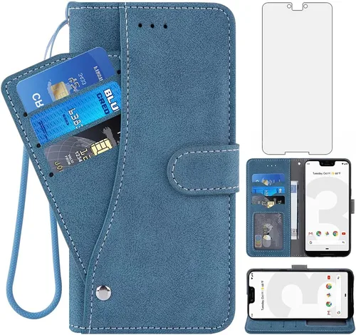 Asuwish Compatible con Google Pixel 3 XL - Funda tipo cartera y protector de pantalla de vidrio templado, soporte para tarjetas de crédito,