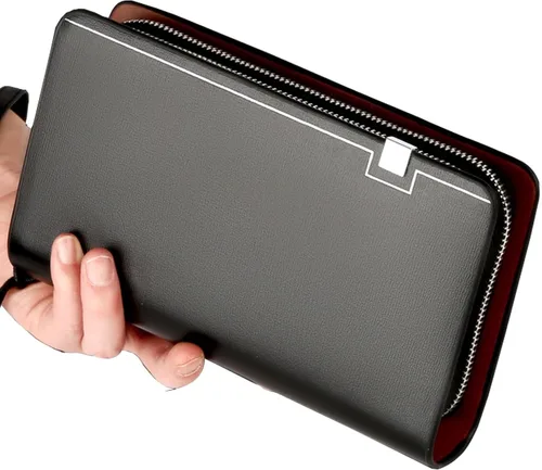 Miniatura 2 de Bolso de mano para hombre, bolso de mano de cuero genuino, con cremallera, cartera larga, para negocios, grande, soporte para teléfono
