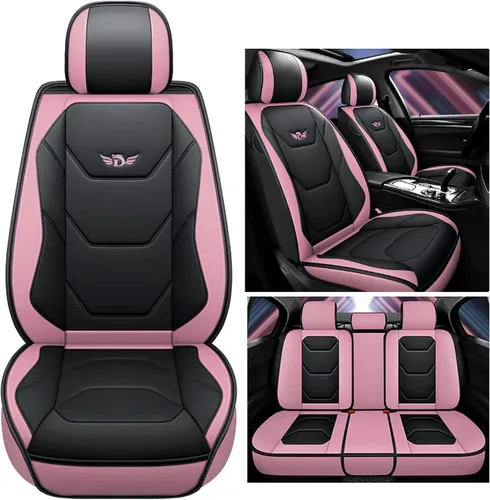 Miniatura 3 de Juego completo de fundas de asiento de coche de piel sintética de lujo para 5 asientos, ajuste universal (BK-rosa)
