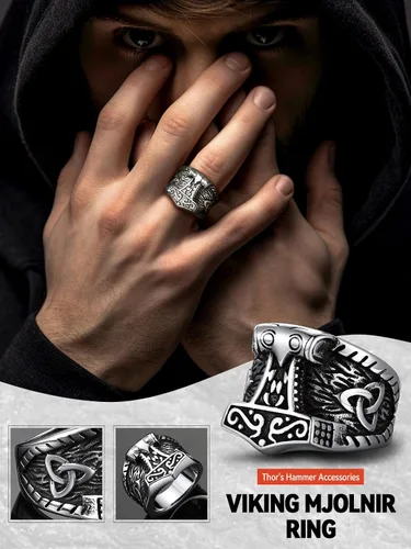 Miniatura 2 de FaithHeart Norse Viking Jewelry - Anillo de acero inoxidable de guerrero para hombre con diseño vikingo de cabeza de lobomartillo de Thor
