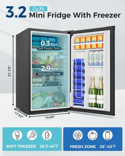 Miniatura 2 de Feelfunn Mini refrigerador con congelador, mini refrigerador de una sola puerta de 3.2 pies cúbicos con termostato ajustable, ahorro de energía
