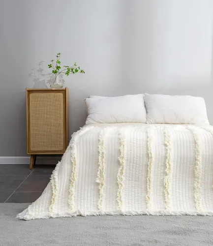 Miniatura 8 de Manta acolchada ultra suave y prelavada de tamaño individual color amarillo bohemio para cama, manta decorativa con flecos con volantes, manta