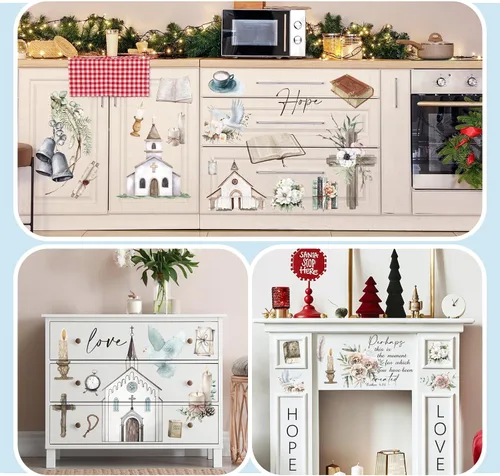 Miniatura 6 de Lincia - 10 hojas de calcomanías navideñas para manualidades y muebles, calcomanías de transferencia por fricción, muñeco de nieve, gnomo, reno