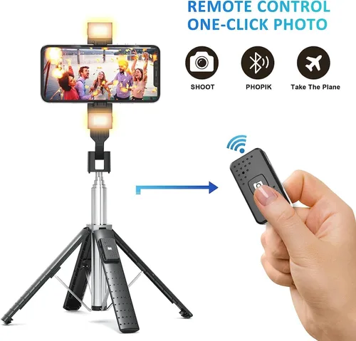 Miniatura 3 de Trípode Cuadrápode para Palo de Selfie de 41" con 2 Luces de Relleno Recargables, Trípode Extensible con Control Remoto Bluetooth, Acero Inoxidable