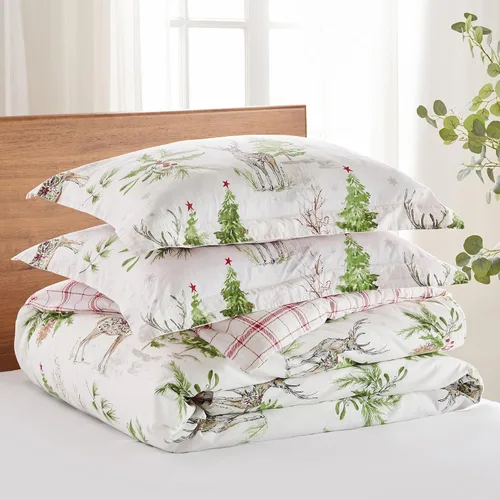 Miniatura 6 de Levtex Home - Juego de edredón con campanillas de trineo - Edredón individual 68x88 + una funda de almohada estándar 20x26 - Árbol de Navidad y reno