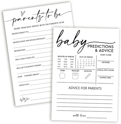 Juegos de baby shower, predicciones de bebé de 5 x 7 pulgadas y tarjetas de consejos para niños o niñas, suministros de decoración de fiesta de
