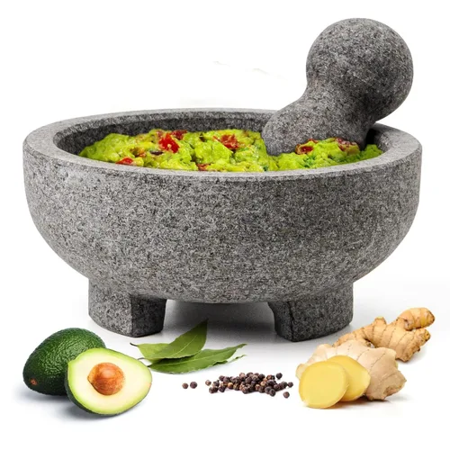 Luvan Juego Grande de Mortero y Maja, 4 Tazas Mortero de Piedra Natural de Granito Sin Pulir para Molcajete Tazón de Guacamole,