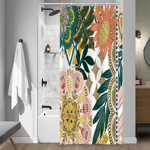 Cortina de ducha bohemia con flores para baño con ganchos - Hojas y flores boho coloridas - Tela impermeable de poliéster con estampado de cachemira