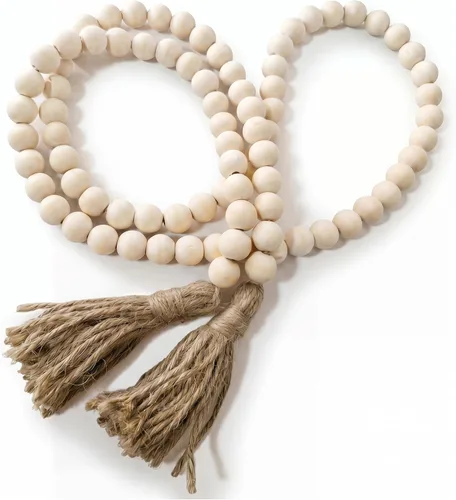Cuentas estilo granja, guirnalda de cuentas de madera de 58 pulgadas con borlas, decoración rústica de campo, cuentas bohemias de oración,