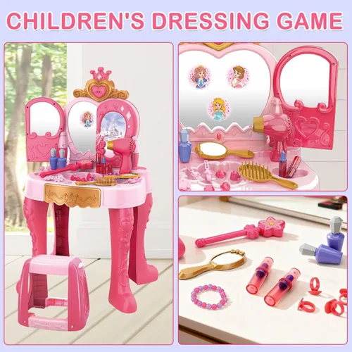 Miniatura 6 de deAO - Juego de tocador de maquillaje para niños pequeños con espejo y silla, juego de tocador para niños con luces, juguete de maquillaje
