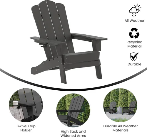 Miniatura 4 de Flash Furniture Newport Adirondack - Silla Adirondack con soporte para tazas, silla Adirondack de poliresina resistente a la intemperie, color gris