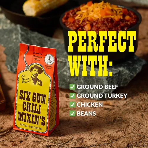 Miniatura 5 de Six Gun Chili Original Mixin's - Auténtica mezcla de condimentos estilo Texas, paquete individual (4 onzas) Receta galardonada de San Angelo Sin