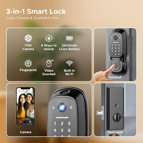 Miniatura 2 de Cerradura inteligente con cámara y timbre, cerrojo inteligente 3 en 1 para puerta delantera, cerradura de puerta de entrada sin llave de huellas
