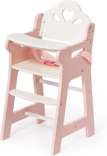 Miniatura 2 de ROBUD Silla alta de muñeca de bebé, silla alta de juego de simulación con cinturón de seguridad, accesorios de muñeca de madera rosa con mesa móvil