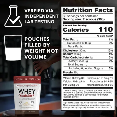 Miniatura 2 de Fantastic Nutrition Proteína de suero en polvo 3 en 1, sin sabor, 2.2 libras, 1.06 oz de proteína alimentada con pasto de hidrolizado de suero