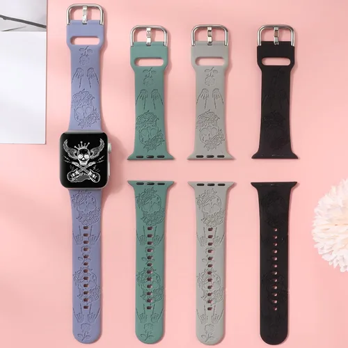 Miniatura 4 de Correa de silicona con grabado floral de Halloween, compatible con Apple Watch 38 40 1.614 in 42 44 46 1.929 in, para mujeres y hombres, correa