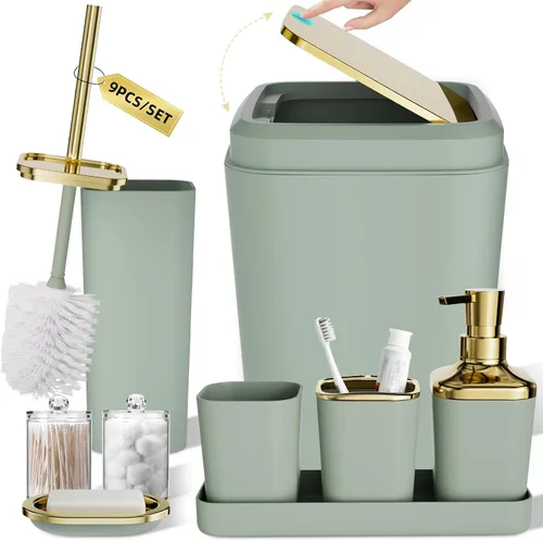 Miniatura 70 de XLHOMO - Juego de baño beige de plástico de 9 piezas, con basurero, dispensador de jabón, portacepillos de dientes, vaso, jabonera, cepillo