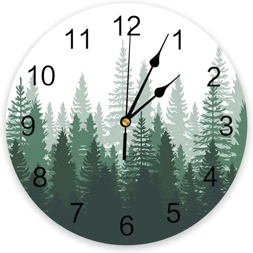Miniatura 11 de Reloj de pared con árbol del bosque, funciona con pilas, reloj de pared silencioso de PVC sin tictac de 10 pulgadas, paisaje forestal brumoso, reloj