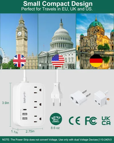 Miniatura 2 de Adaptador de enchufe de viaje europeo, regleta de corriente de EE. UU. a Reino Unido Europa para UE/RU/EE. UU. con USB C, 3 puertos USB 3 tomas