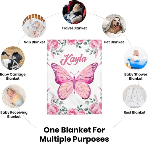 Miniatura 6 de Manta personalizada con nombre, manta personalizada para bebé, regalos conmemorativos para envolver cumpleaños de niños pequeños, mariposa