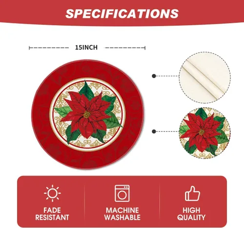 Miniatura 6 de Artoid Mode Juego de 4 manteles individuales redondos de Navidad con acuarela de Poinsettia roja, 15 pulgadas, alfombrillas de mesa redondas