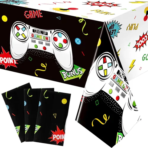 Miniatura 8 de Tatuo 3 fundas de mesa de videojuegos, decoración de cumpleaños temática de juegos, mantel de plástico, suministros de fiesta para niños y niñas